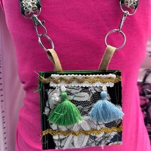 Hand Crafted Pink Multicolor Necklace Wallet Purse Bohemian Tassel Collage
